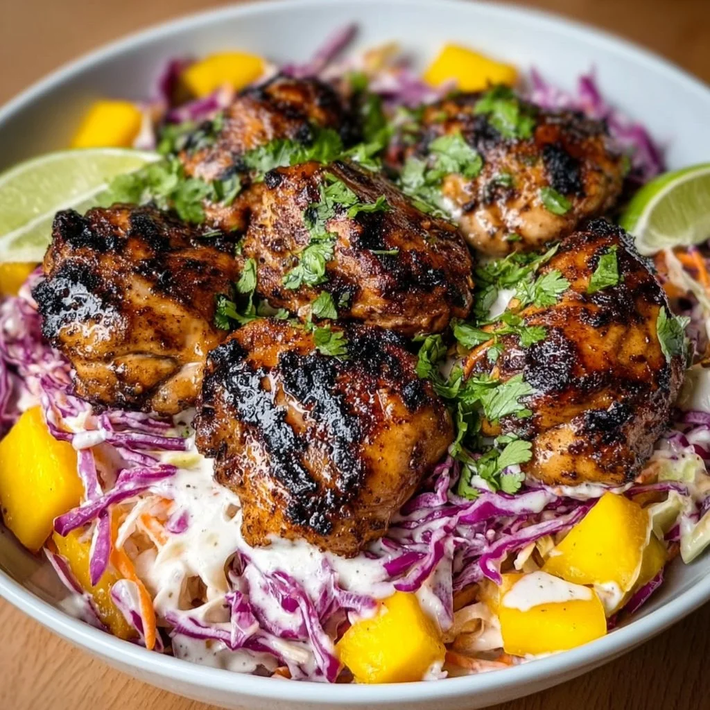 Jerk chicken bowl with mango slaw and honey lime cream on a wooden table