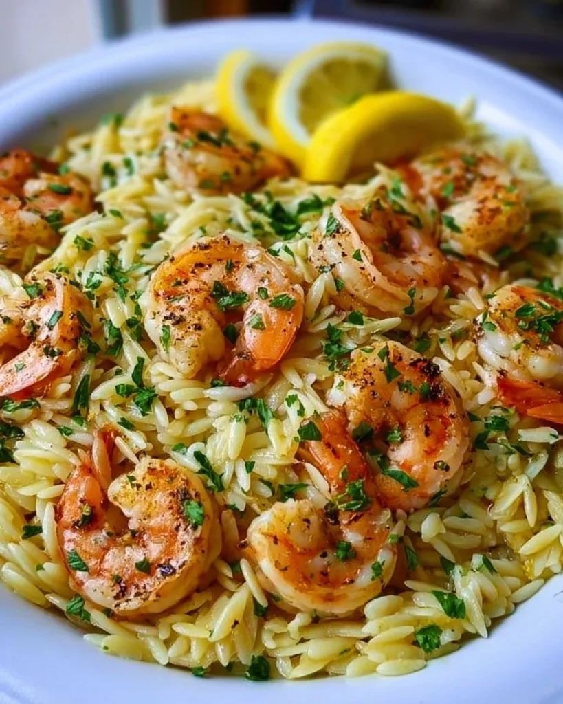 Lemon Garlic Shrimp Orzo served in a bowl with fresh herbs and lemon slices