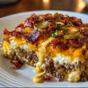 Low-Carb Bacon Cheeseburger Casserole baked dish with cheese and bacon