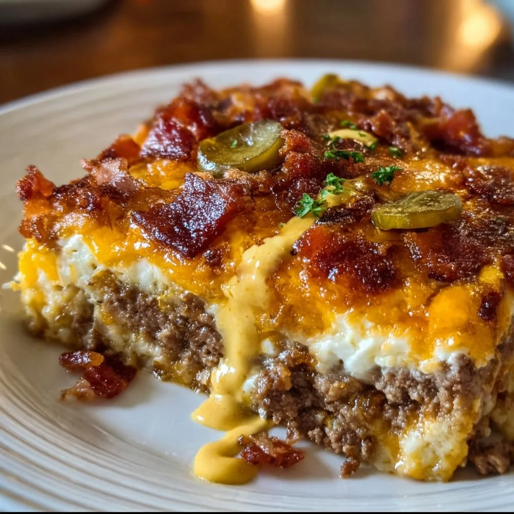 Low-Carb Bacon Cheeseburger Casserole baked dish with cheese and bacon
