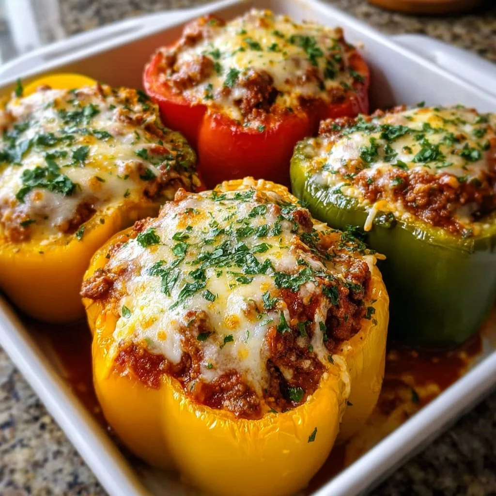 Delicious low carb lasagna stuffed peppers topped with cheese and herbs