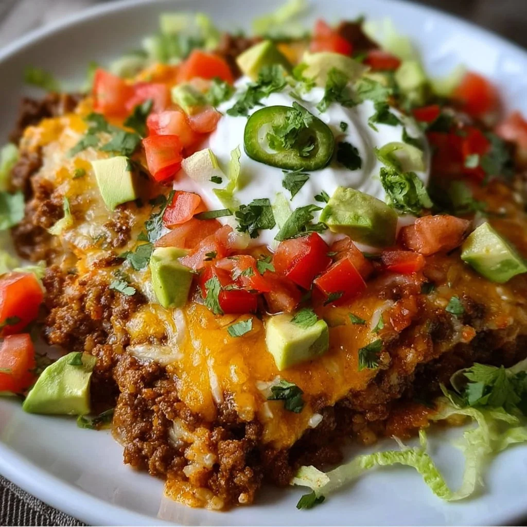Baked low carb taco casserole topped with cheese and garnished with cilantro
