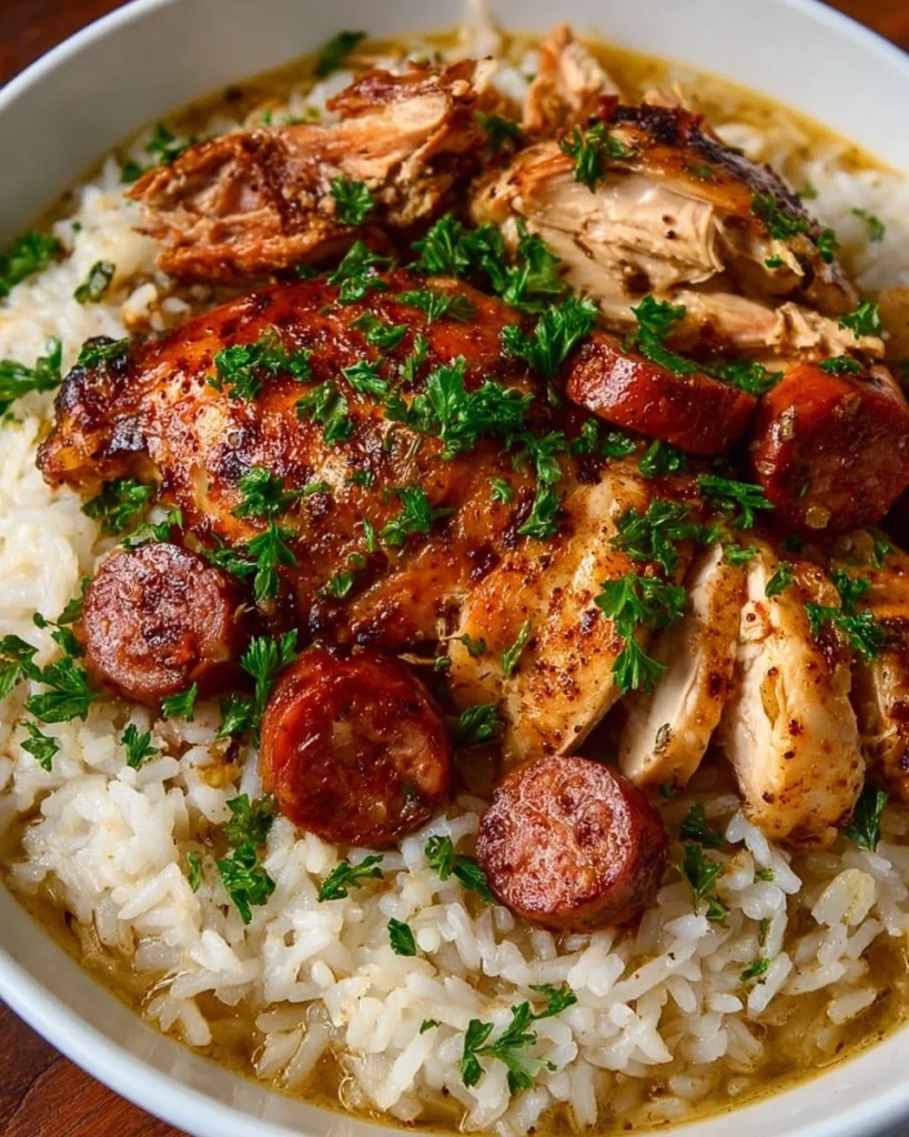 Delicious Lowcountry Chicken Bog served with long grain rice in a rustic bowl.