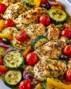 Mediterranean Chicken Zucchini Bake with fresh vegetables and spices