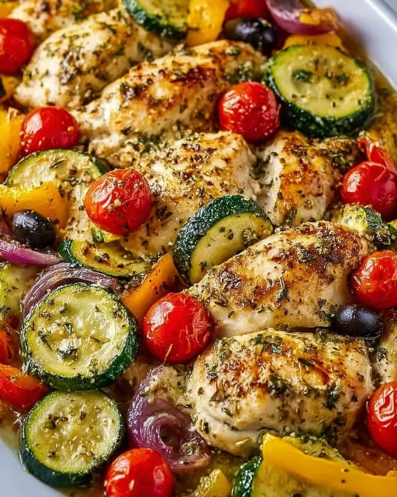 Mediterranean Chicken Zucchini Bake with fresh vegetables and spices