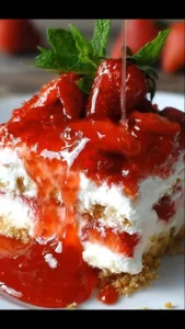 No-Bake Strawberry Cheesecake Lasagna served on a plate with fresh strawberries