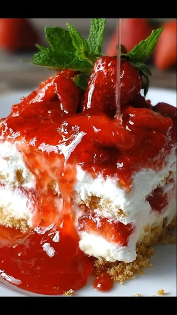 No-Bake Strawberry Cheesecake Lasagna served on a plate with fresh strawberries