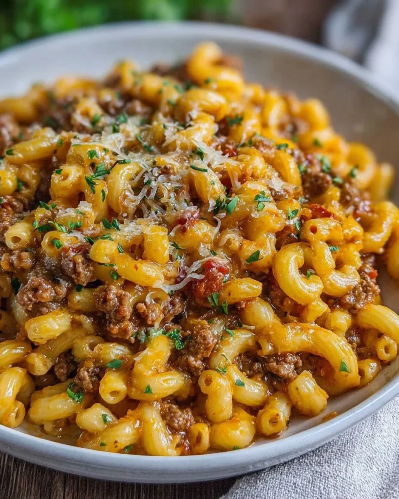 One-pan cheeseburger macaroni dish served in a bowl with toppings