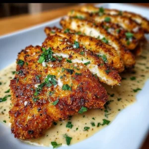 Deliciously baked Parmesan crusted chicken on a plate with herbs