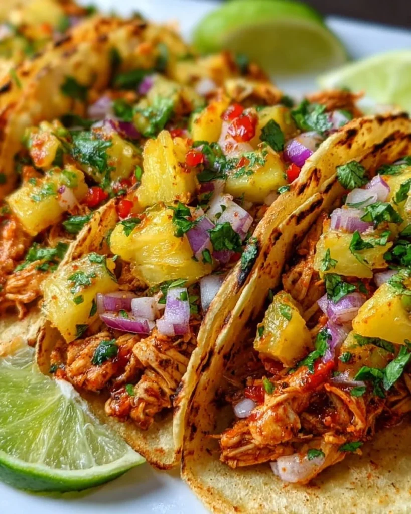 Pineapple Chicken Tacos topped with fresh cilantro and lime