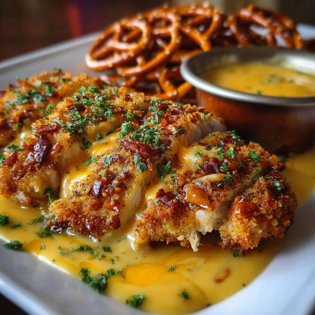 Pretzel Chicken served with mustard-cheddar sauce, a delicious and unique recipe.