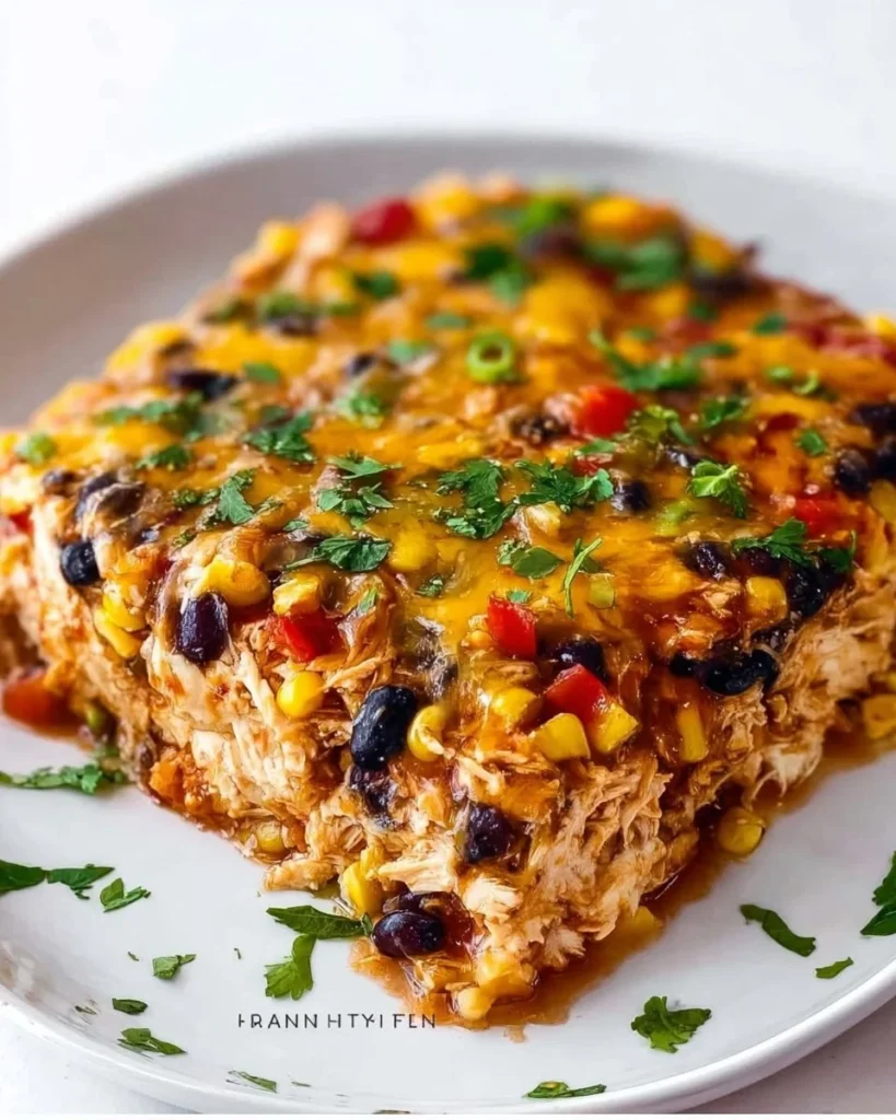 Delicious protein burrito casserole topped with cheese and fresh ingredients.