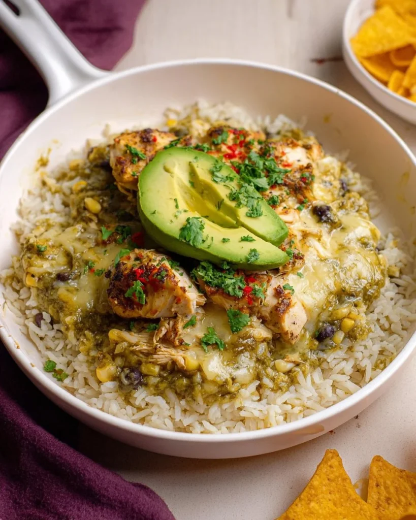 Salsa Verde Chicken and Rice Skillet served in a cast iron skillet