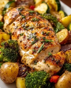 Sheet pan with garlic butter chicken and colorful roasted veggies
