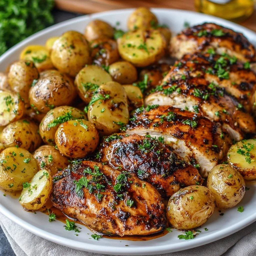 Easy sheet pan lemon balsamic chicken with golden potatoes ready to serve.