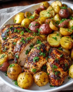Sheet pan with lemon balsamic chicken and potatoes, ready to serve.