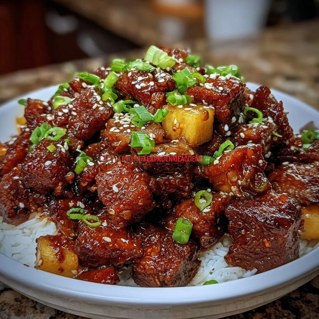 Bowl of slow cooker teriyaki pork garnished with sesame seeds and green onions