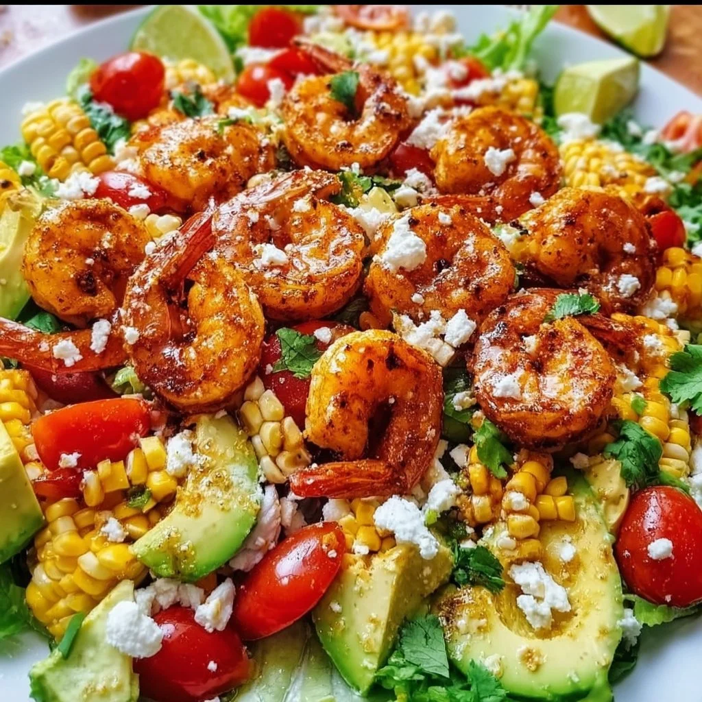 Southwest honey lime shrimp salad with fresh vegetables and shrimp