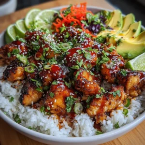 Spicy maple chicken served with coconut rice on a plate.