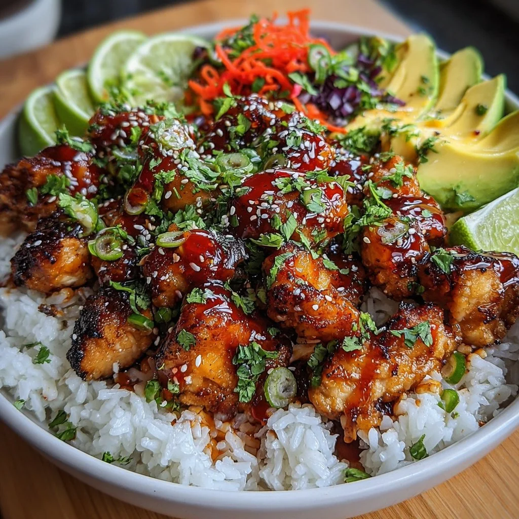 Spicy maple chicken served with coconut rice on a plate.