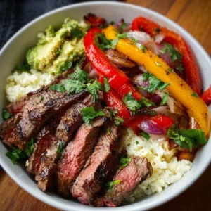 Steak fajita bowl with sautéed steak, bell peppers, and spices served in a dish.