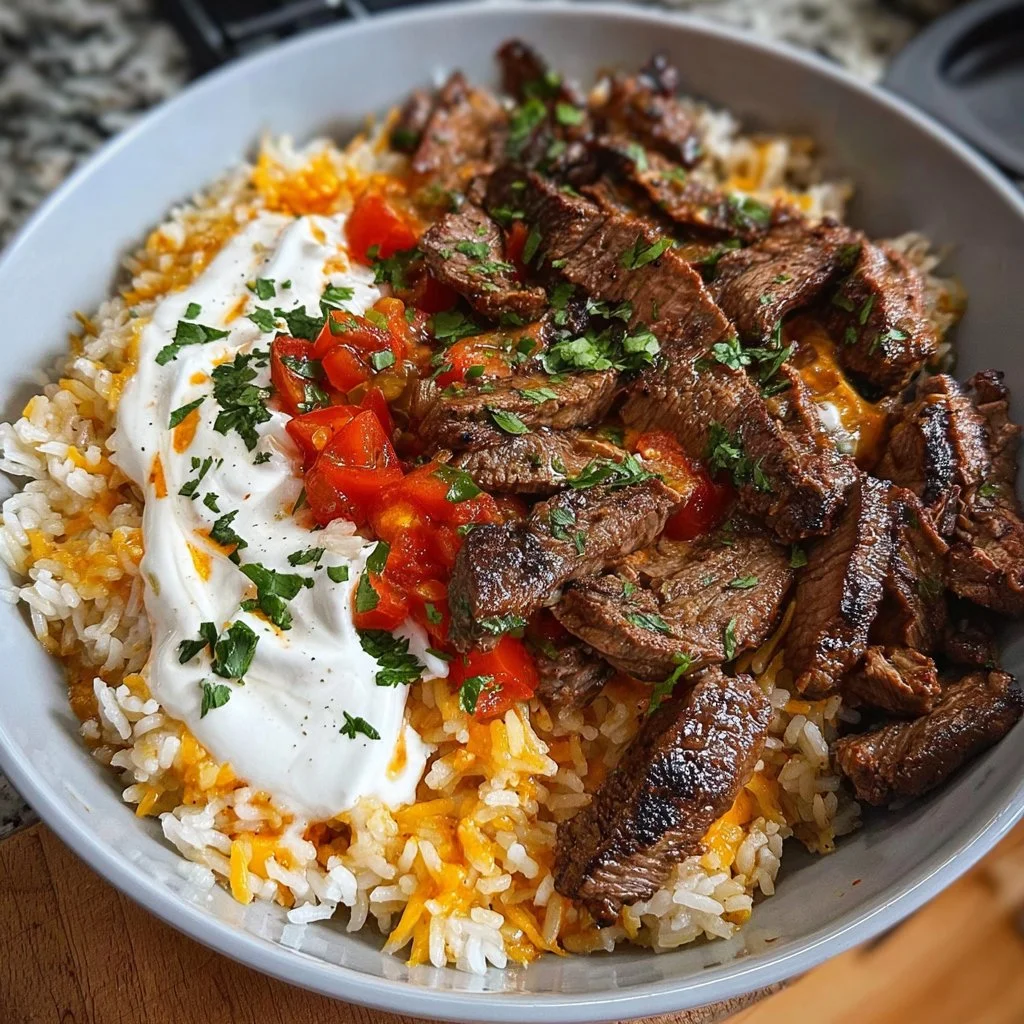 Delicious Steak Queso Rice garnished with fresh ingredients