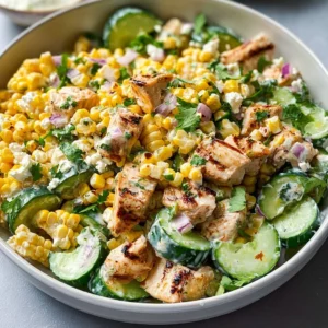 Street Corn Creamy Cucumber Chicken Salad served in a bowl