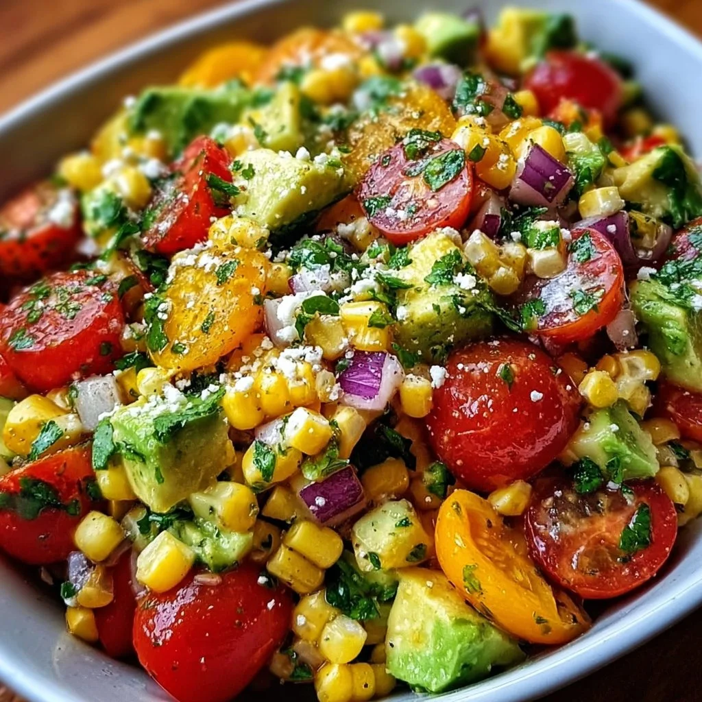 Colorful summer corn salad with fresh vegetables and herbs