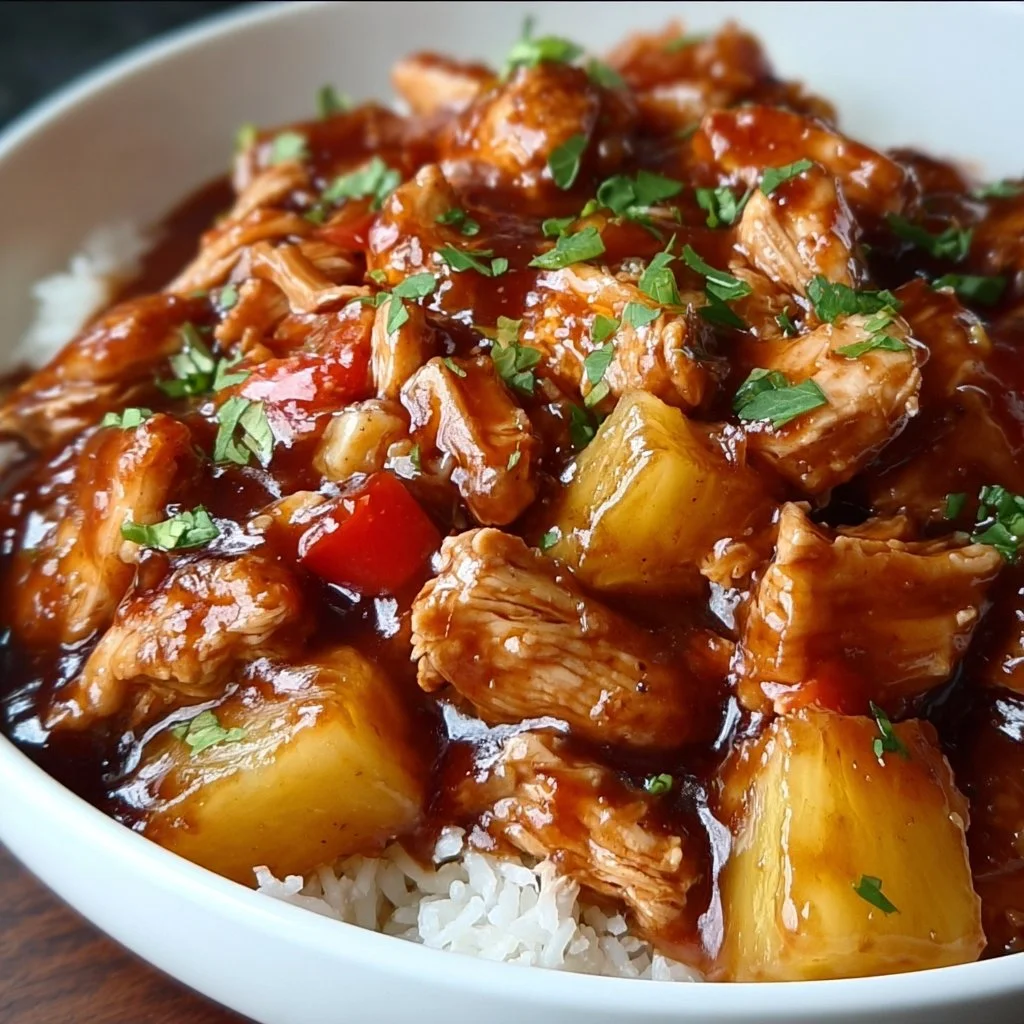 Sweet Hawaiian Crockpot Chicken served in a bowl with tropical ingredients