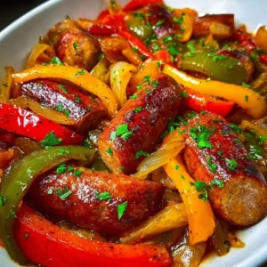 Plate of tasty crockpot sausage and peppers garnished with herbs
