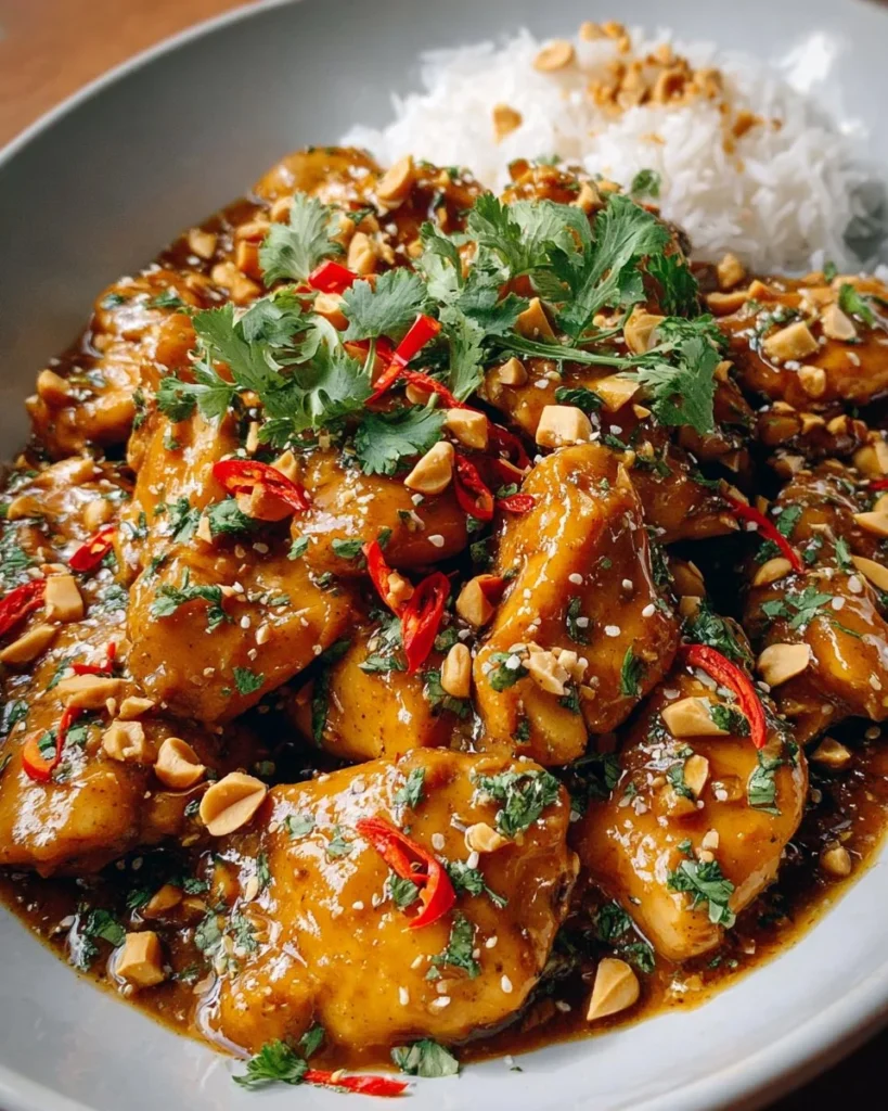 Delicious Thai Peanut Chicken with creamy peanut sauce and fresh vegetables