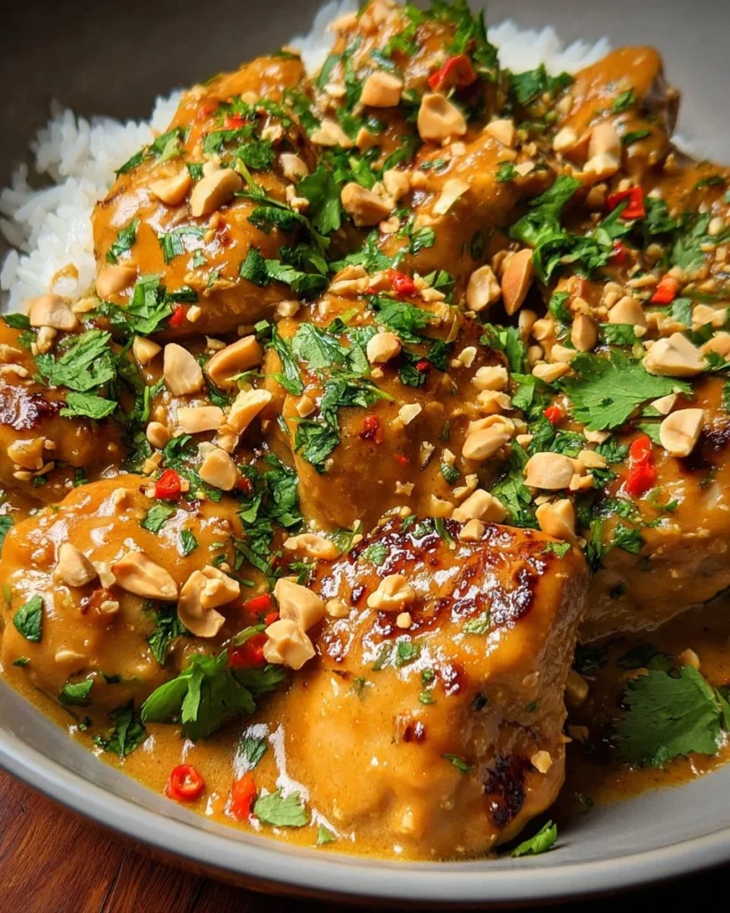 Delicious Thai Peanut Chicken served with rice and vegetables