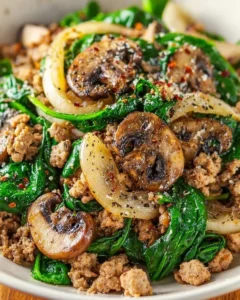 Turkey Spinach Mushroom Skillet dish ready to eat, healthy meal option.