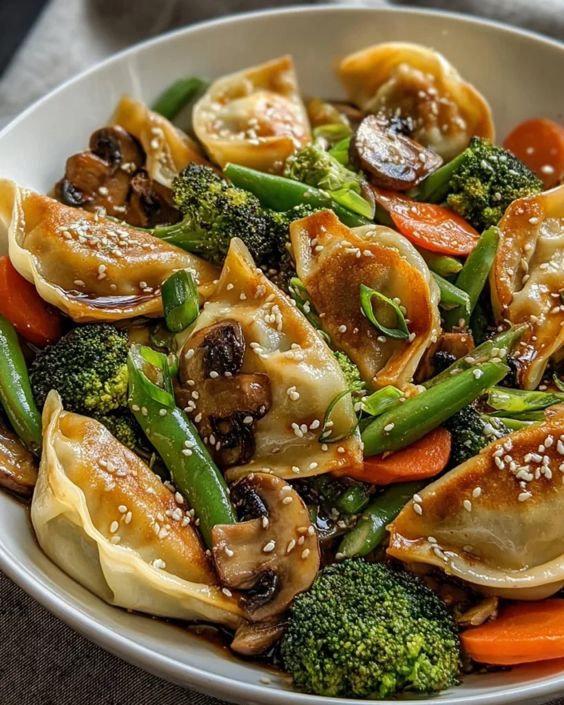 Delicious and colorful potsticker stir fry dish ready in 30 minutes.