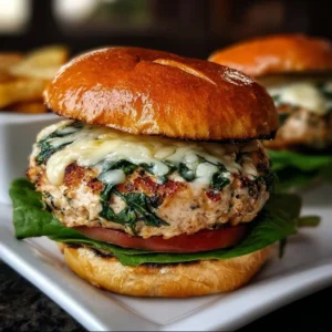 White Cheddar & Spinach Chicken Burgers served on a plate with fresh greens.