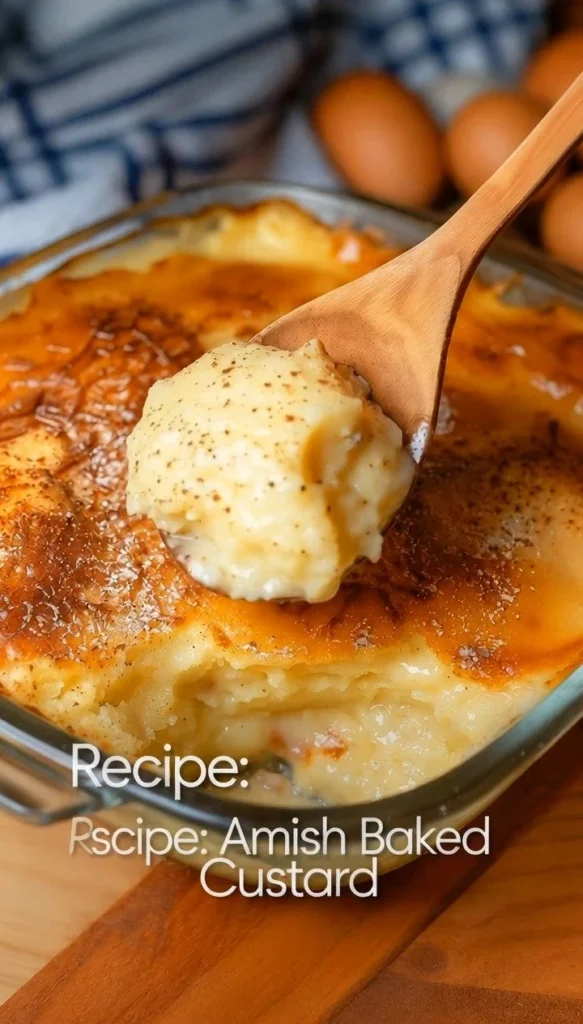 Delicious slice of Amish baked custard served on a plate.