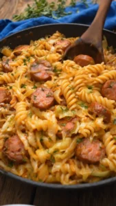 Delicious Beef Sausage and Cabbage Pasta served on a plate, ready to enjoy.
