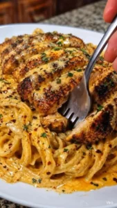 Cajun Blackened Chicken Alfredo served in a creamy sauce with pasta