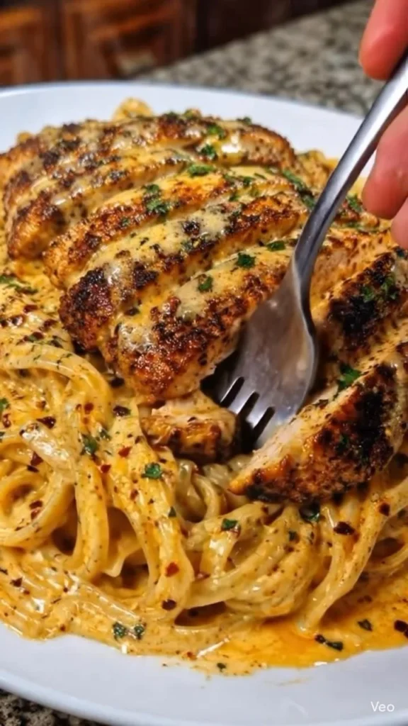 Cajun Blackened Chicken Alfredo served in a creamy sauce with pasta