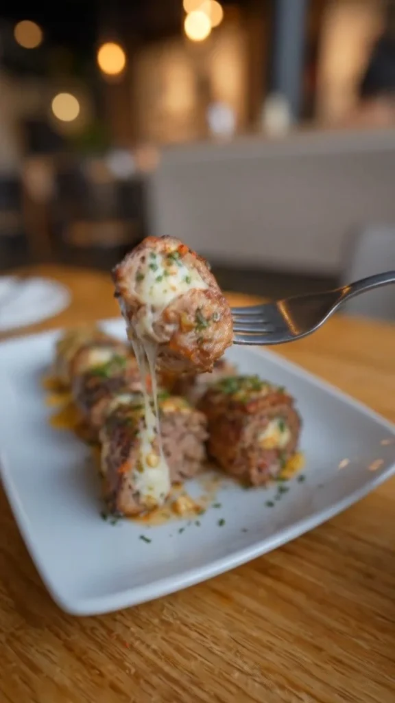 Cheesy garlic stuffed steak rolls on a plate garnished with herbs