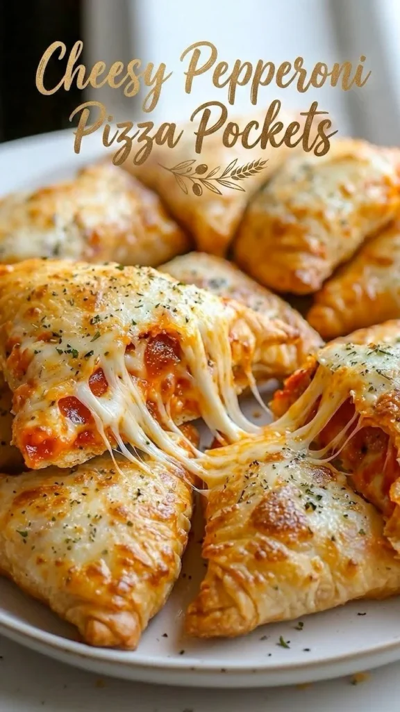 Cheesy Pepperoni Pizza Pockets served on a plate