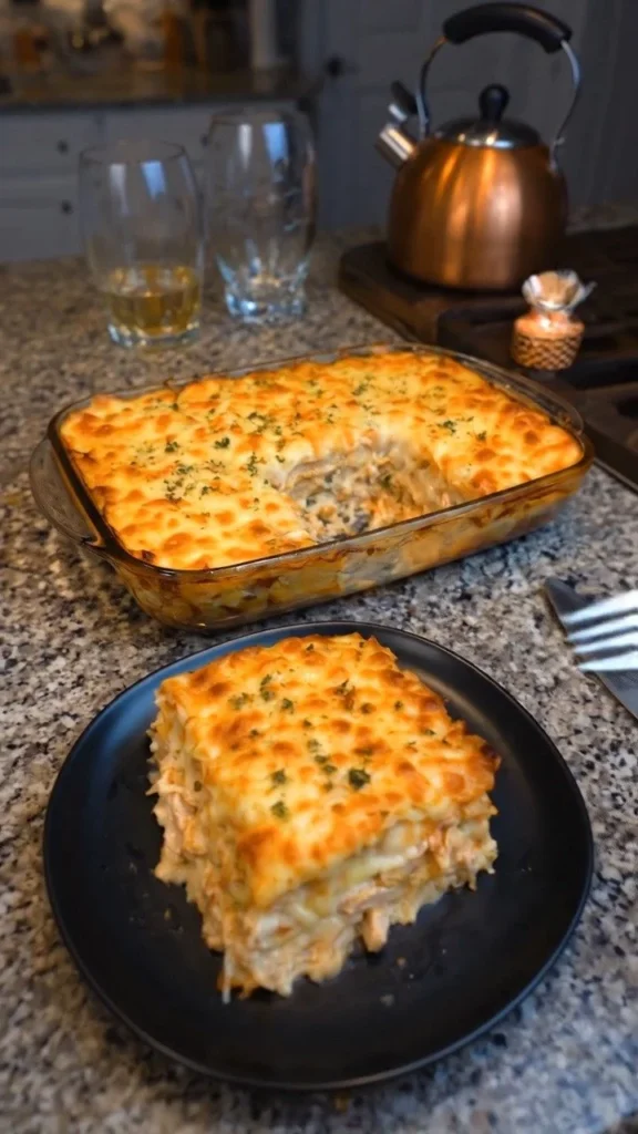 Delicious Chicken Alfredo Lasagna with creamy sauce and chicken layers