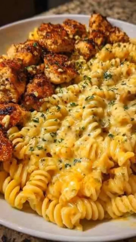 Creamy Chicken Cheesy Rotini Alfredo dish served with basil garnish