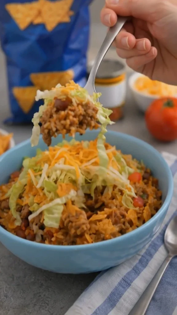 Cool Ranch Taco Crock-Pot Casserole served in a dish with toppings
