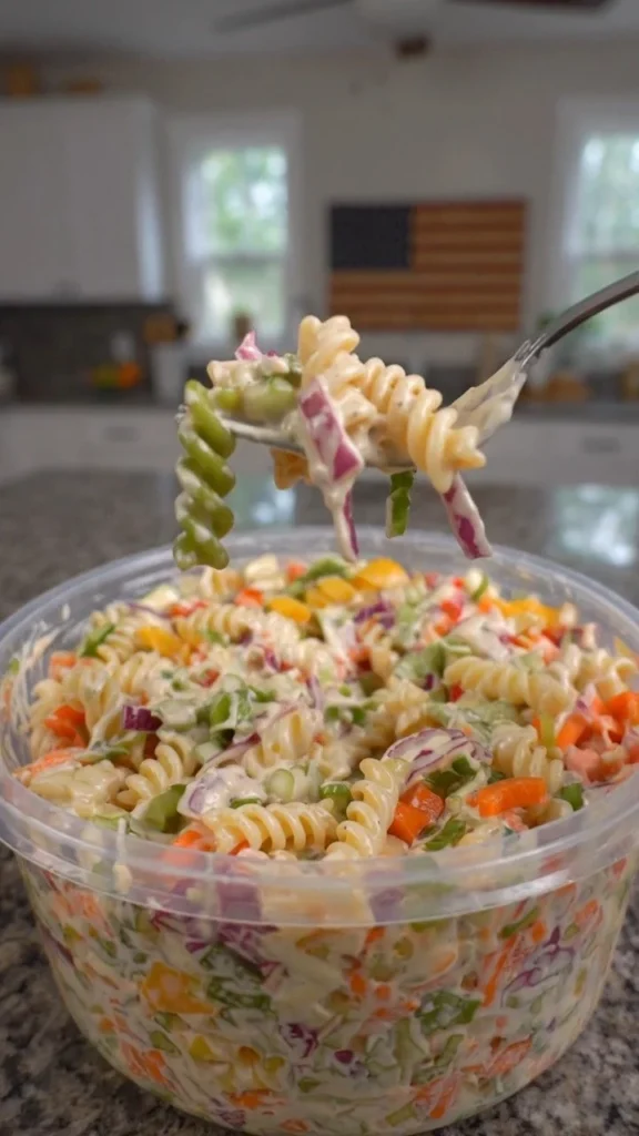 Creamy coleslaw pasta salad in a serving bowl with fresh vegetables