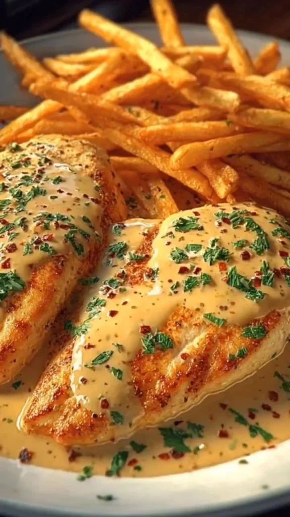 Creamy garlic herb chicken served with golden fries on a plate
