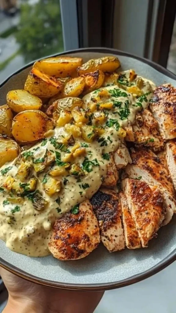 Creamy herb chicken dish with roasted potatoes on a white plate