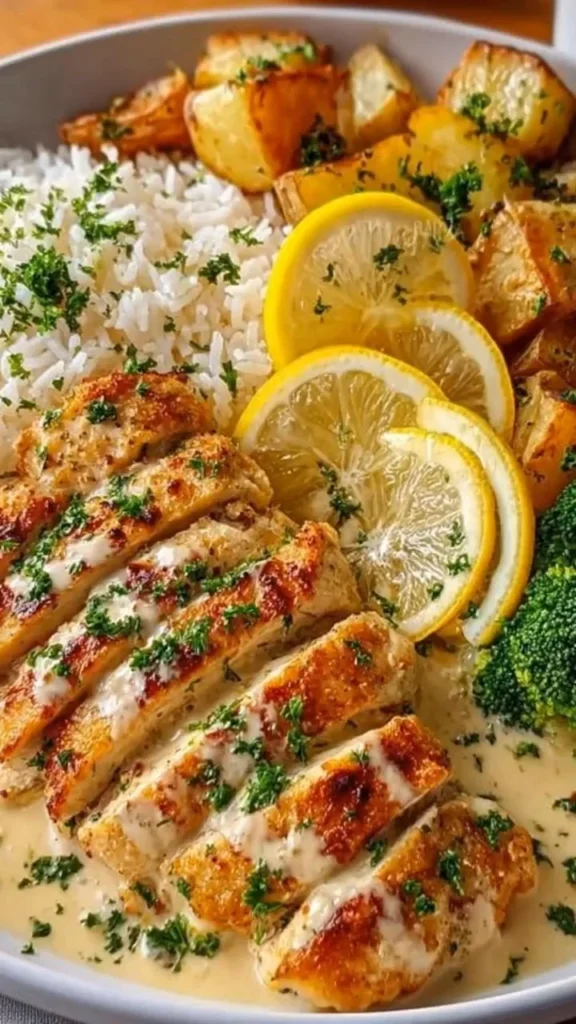 Plate of creamy lemon herb chicken garnished with herbs and lemon slices