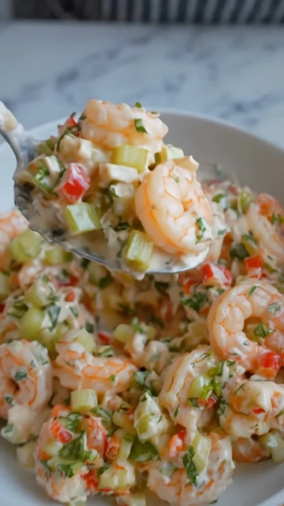 Delicious creamy shrimp salad served in a vibrant bowl