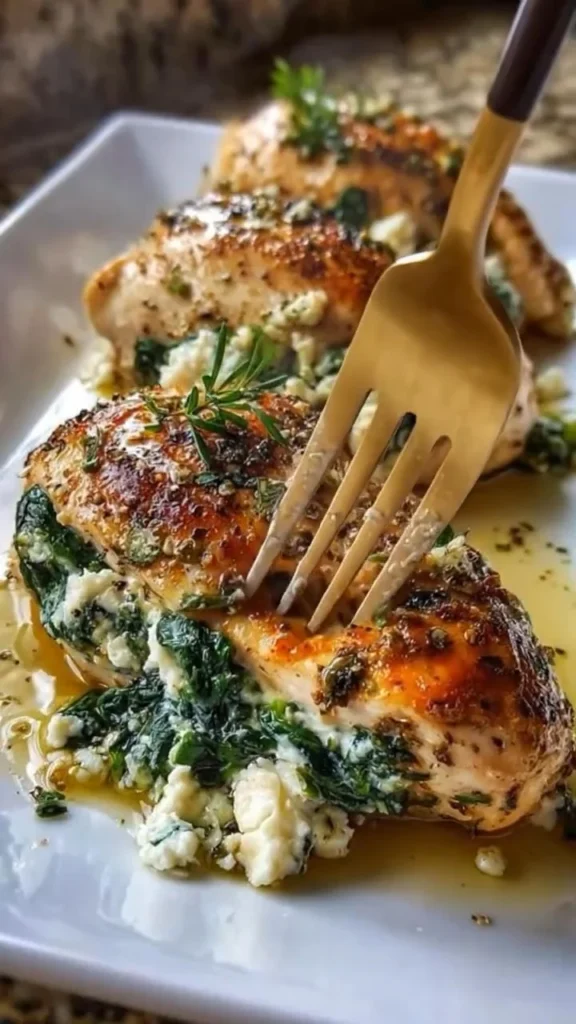 Creamy spinach and feta stuffed chicken breast served on a plate
